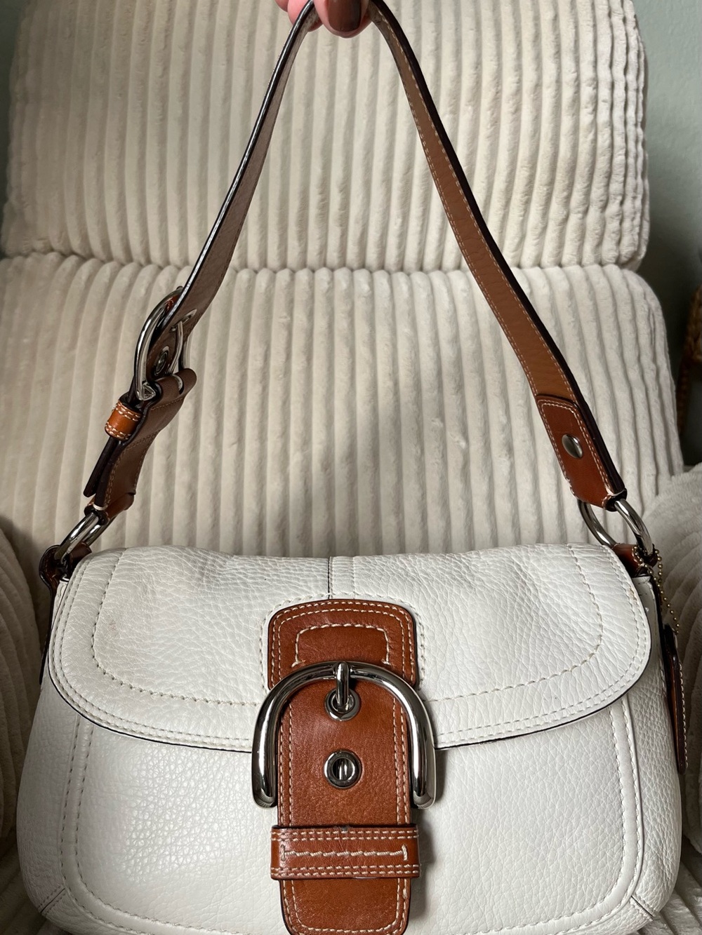 Coach White Leather Shoulder Bag with Brown Trim